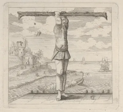 The letter T standing on a pier holding a tree trunk