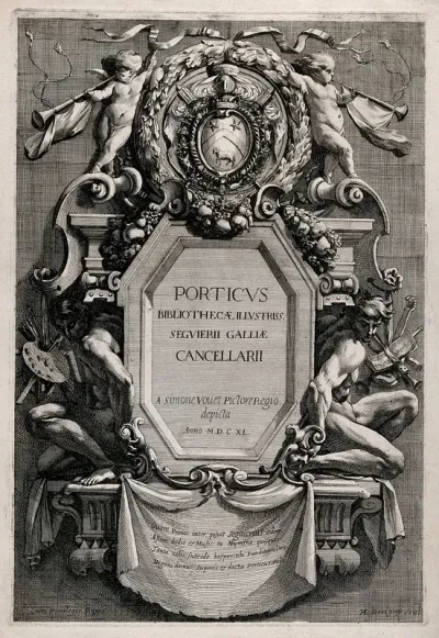 The library of Pierre Séguier: painting and music support putti trumpeting the fame of the library