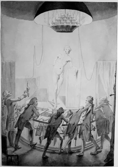The life school at the Royal Academy of Arts, London, with William Hunter, left, teaching anatomy