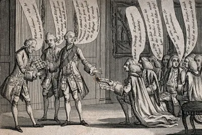 The Lord Mayor of London kneels before King George III and presents a remonstrance on behalf of the City of London: the king has no time to read it as he is preoccupied with making buttons