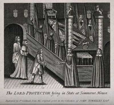 The Lord Protector, Oliver Cromwell, lying in state at Somerset House, surrounded by mourners
