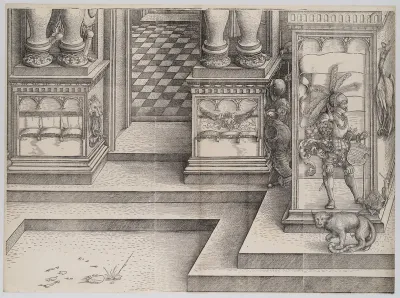 The Lower Portion of the Entryway to the Left Portal (Die Porten des Lobs); and the Outer Left Sockel of the Central Portal, from the Arch of Honor, proof, dated 1515, printed 1517-18