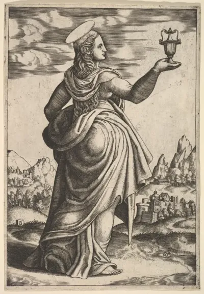 The Magdalene standing facing right, jar held in her raised right hand