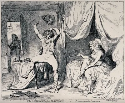 The maid bringing in the breakfast finds the Prince of Wales and Mrs Fitzherbert in a dishevelled state on the morning after their marriage