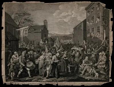 The march to Finchley: English guards, gathering before marching to Finchley to defend London from the troops of Bonnie Prince Charlie, shown in a state of confusion and indiscipline