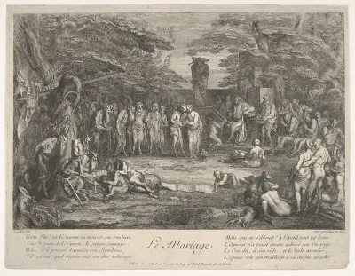 The Marriage (Le Mariage): in a forest, an old satyr marries the betrothed in center, musicians to right, old satyrs with canes to the left, a couple consulting an old philosopher to left in the foreground, from "The lives of satyrs" (La vie des saty