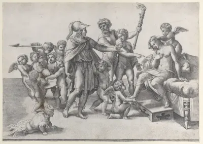 The marriage of Alexander and Roxana; Alexander surrounded by putti, offering a crown to Roxana who is seated at right