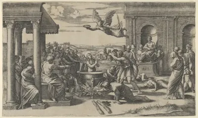 The Martydom of Saint Cecilia standing naked in a large cauldron, at left under a colonnade, sits a Roman Prefect, at right the statue of Jupiter in a niche