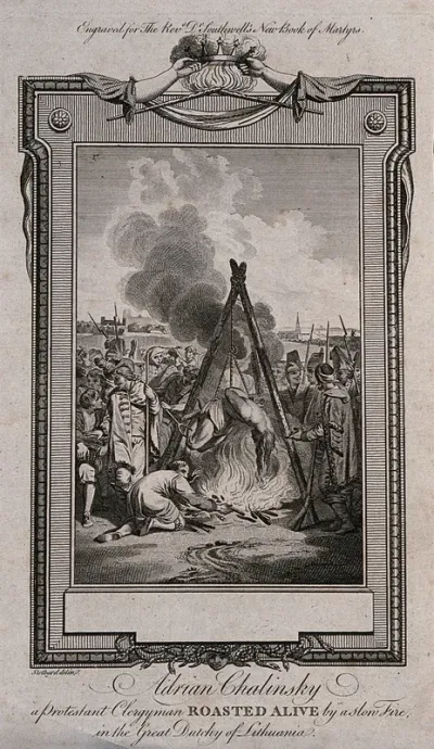 The martyrdom of Adrian Chalinsky: Chalinsky is stripped to the waist, with his hands tied behind his back and suspended from a wooden construction over an open fire to be roasted alive