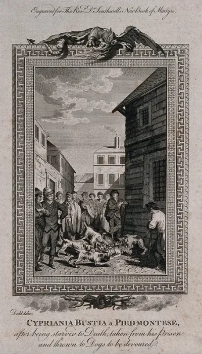 The martyrdom of Cypriania Bustia: Cypriania lies emaciated and dead in a marketplace, his stomach being devoured by hungry dogs