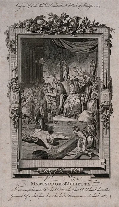 The martyrdom of Julitta and her infant son Cyricus: while Julitta is on the rack before the governor's throne, an enraged governor is lifting her son to hurl him on the steps of his throne