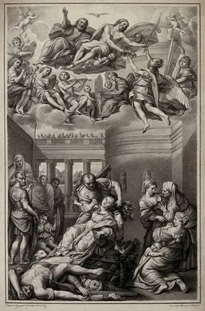 The martyrdom of Saint Agnes: she is stabbed, and an angel receives the martyr's palm from Christ for bestowal upon her
