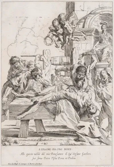 The martyrdom of Saint Erasmus who is prostrate having his innards removed