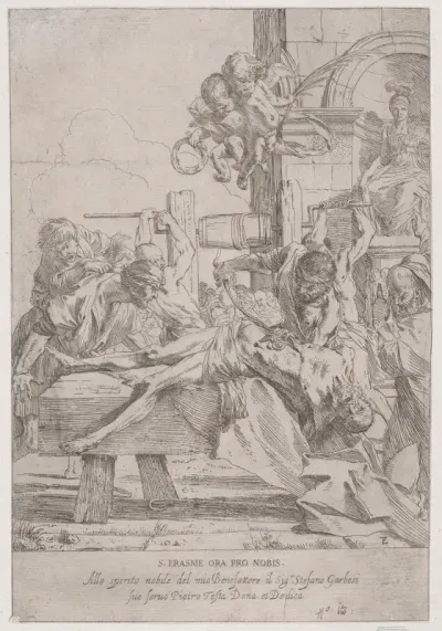 The martyrdom of Saint Erasmus who is prostrate having in innards removed, two putti above holding the crown and palm of martyrdom