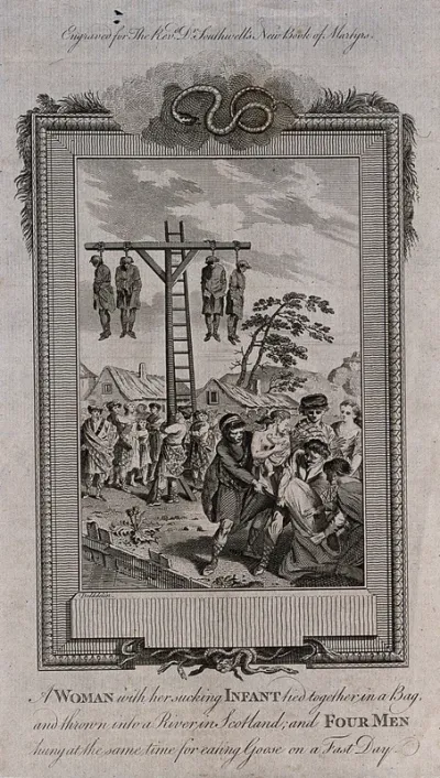 The martyrdom of Scottish people who ignored a religious observance: four men are hanging together on a scaffold while a group of people is trying to force a naked woman with an infant to climb into a sack for the purpose of being thrown into the riv