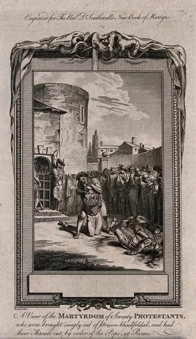 The martyrdom of seventy Protestants in Rome: a man kneels outside a prison, having the executioner covering his eyes with his hands and is about to have his throat cut while monks avert their eyes in horror