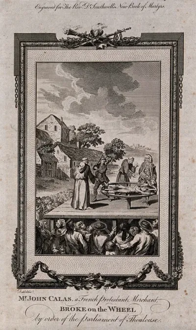 The martyrdom of the French Protestant merchant John Calas: tied to a wheel with his arms and legs spread he is beaten to death in the presence of a priest and with a crowd looking on