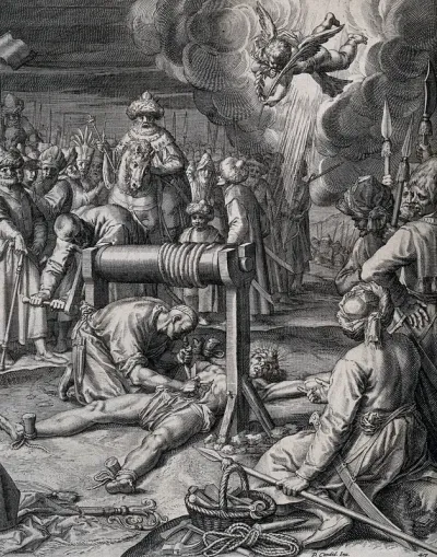 The martyrdom of Thiemo (Theodamarus) of Salzburg: his intestines are wound on to a windlass