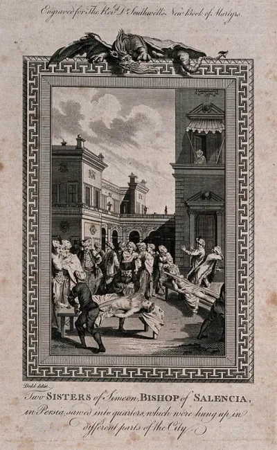 The martyrdom of two sisters of Simeon, Bishop of Salencia: Two women, stripped to the waist are shackled to wooden boards and sawn in quarters in a marketplace