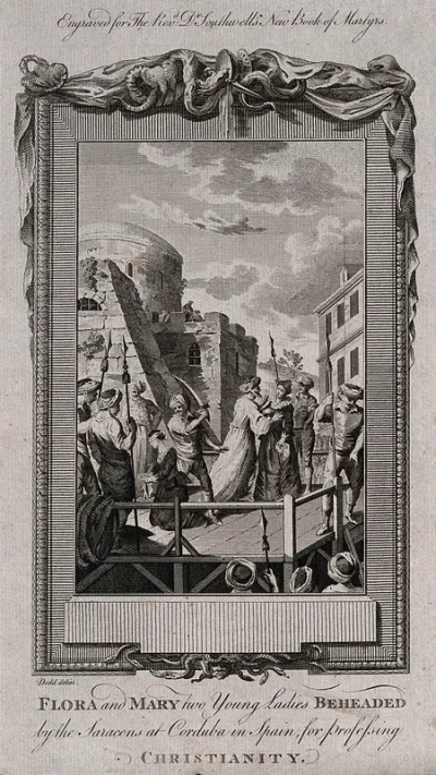 The martyrdom of two young ladies, Flora and Mary at the hands of the Saracens in Cordoba: one of the ladies is kneeling down, blindfolded, waiting for the executioner to behead her with his scimitar, while the other lady is looking on, restrained by