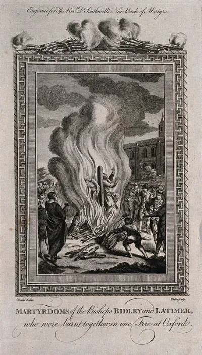 The martyrdoms of the Bishops Ridley and Latimer: both men are stripped to the waist, tied together to a stake and burnt alive