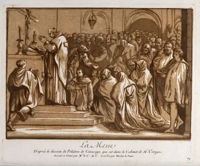 The Mass. Colour mixed media print by the Comte de Caylus and N. Le Sueur after Polidoro da Caravaggio