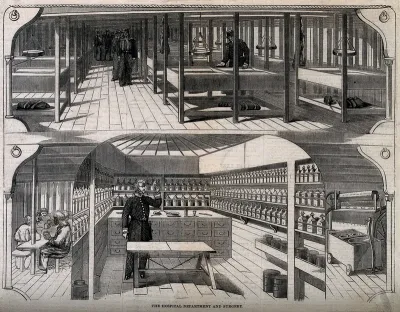 The medical quarters of the Melbourne, a ship of the Line: a ward deck, above, and an operating theatre, below