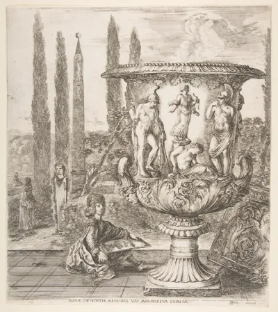 The Medici vase, a large vase to right decorated with a representation of the sacrifice of Iphigenia, on a garden terrace, a teenage boy seated to left with a pen and paper with a drawing of the vase, cyprus trees and an obelisk to left in the backgr