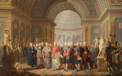 The Meeting of the King Gustav III of Sweden and the Pope Pius VI at the Museo Pio-Clementino in Rome on 1 January 1784