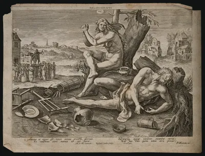 The melancholy temperament: an anxious woman clasps her hands as an agitated man lies on the ground