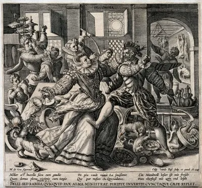 The members of a rich family are embroiled in a fight, the husband is kicking the wife, who in turn is about to hit him with the keys, the rest of the household, including children and animals, follows suit; representing Discord