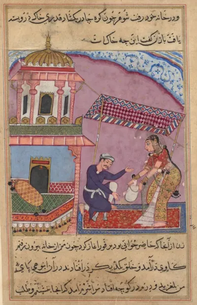 The merchant’s clerk replaces the sugar purchased by the philandering wife with gravel, from a Tuti-nama (Tales of a Parrot): Eighth Night