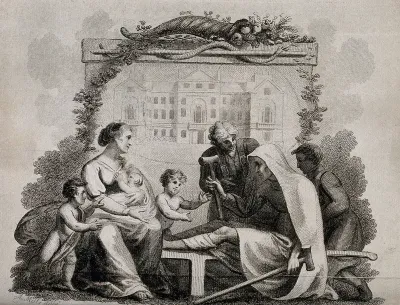 The Middlesex Hospital, London: in the foreground a patient is helped from his sickbed towards his welcoming family by a surgeon and his assistant