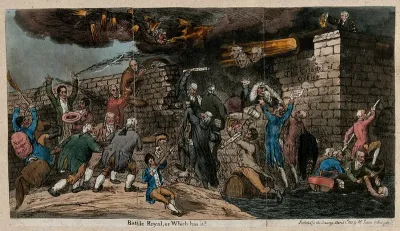 The ministry of Spencer Perceval defending their government, represented as a citadel, against attack by Opposition politicians