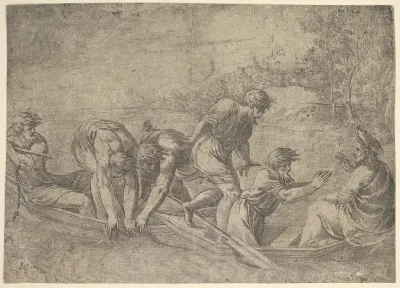 The miraculous draught of the fishes, Christ at the right accompanied by apostles in the boat