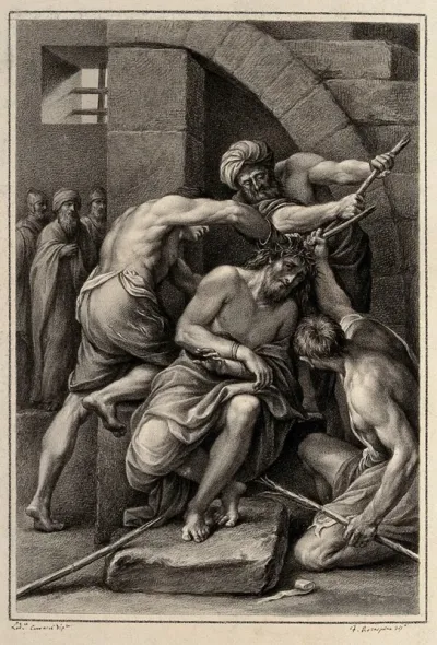 The mocking and flagellation of Christ; he is crowned with thorns and beaten with sticks