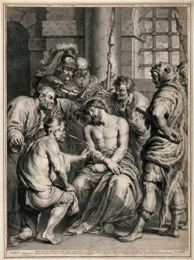 The mocking and flagellation of Christ; he is crowned with thorns and handed a reed as a mock sceptre
