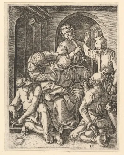 The mocking of Christ who is seated in center, blindfolded, from "The Passion of Christ", after Dürer