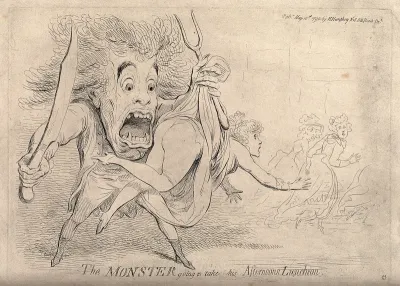"The monster" (Renwick Williams) attacking a woman with a knife and fork