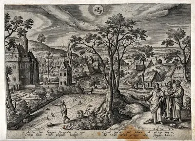The month April and the sign of Taurus, represented by a village in spring, and by the parable of the sower