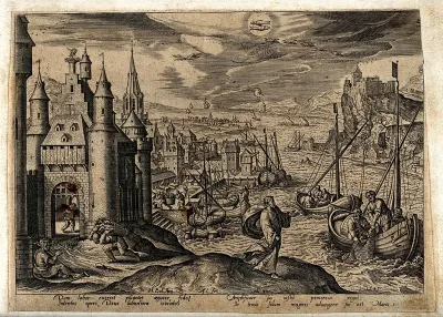 The month February and the sign of Pisces, represented by a fishing port by a city gate and by Christ's calling of the disciples