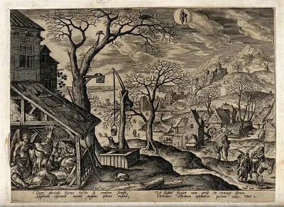 The month January and the sign of Aquarius, represented by a winter landscape, the dream of Saint Joseph, and the Flight into Egypt