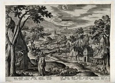 The month July and the sign of Leo, represented by a rural landscape in summer and Christ as the Good Shepherd