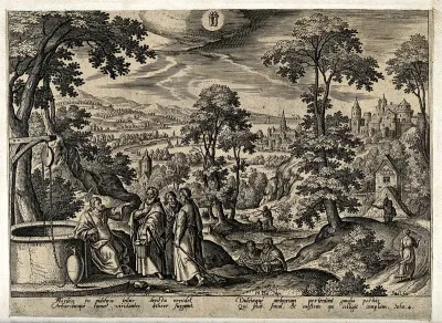 The month May and the sign Gemini, represented by a hilly landscape in spring and Christ and the woman of Samaria