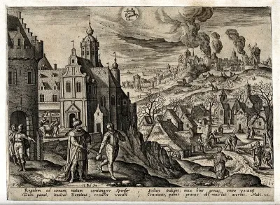The month November and the sign of Sagittarius, represented by winter activities, a fire in a city, and by the parable of the great supper