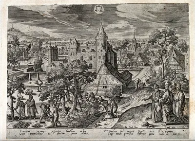 The month September and the sign of Libra, represented by people gathering fruit from trees and the parable of the barren fig tree