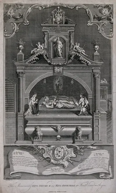 The monument of King Henry II and Richard I with sculptures representing other members of the families at Font Evraud in Anjou