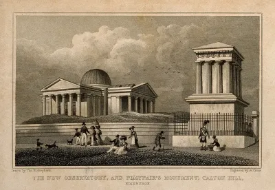 The monument to John Playfair (right) and the New Observatory (left) on Calton Hill, Edinburgh