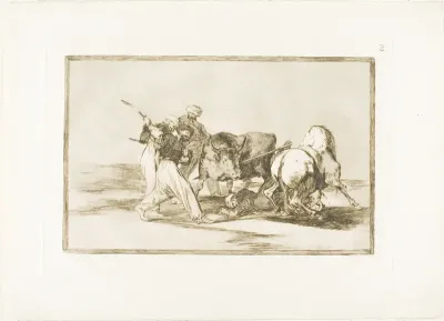 The Moors had settled in Spain, giving up the superstitions of the Koran, adopted this art of hunting, and spear a bull in the open, plate three from The Art of Bullfighting