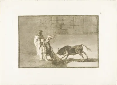 The Moors make a different play in the ring calling the bull with their burnous, plate six from The Art of Bullfighting